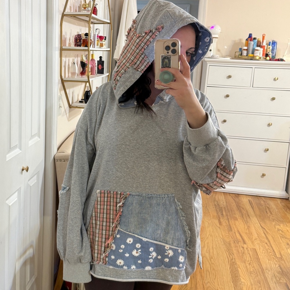 Oversized Gray boho Patchwork Hoodie